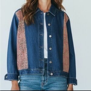 Vintage 90s Chico's Jean jacket suede panels Embroidery Beaded Asian Geisha